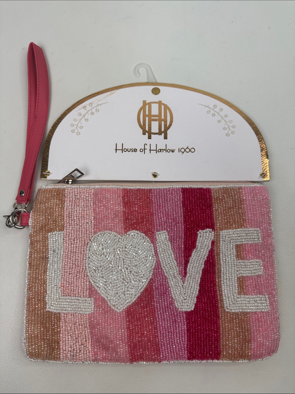 House of Harlow 1960 Pink and Rose Beaded 'LOVE' Wristlet clutch India NEW NWT